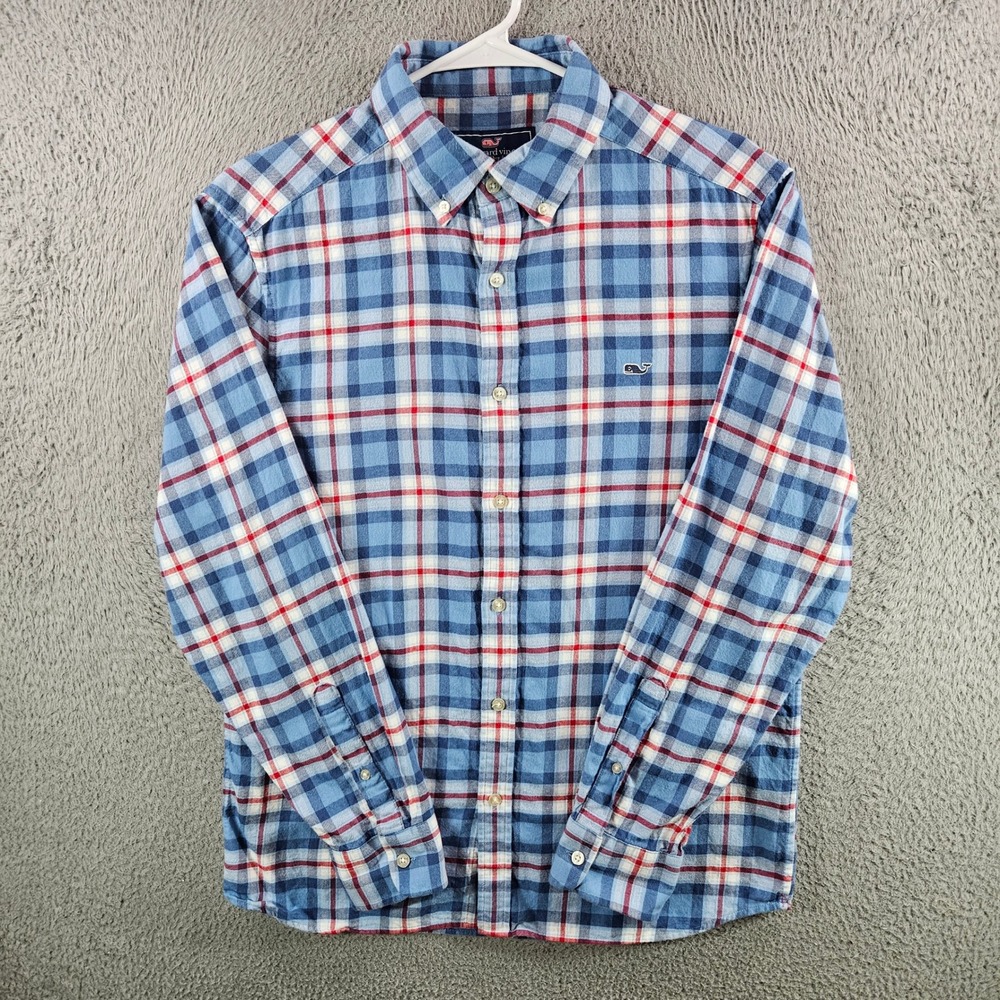 Vineyard Vines Mens‎ Medium Blue Red Plaid Classic Fit Whale Shirt Long Sleeve